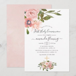 Invitation Aquarelle florale Blush & Rose Gold Holy Communion