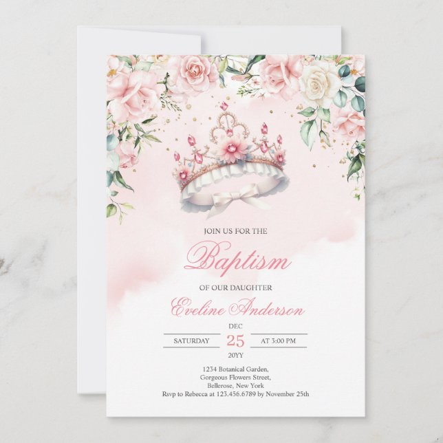 Invitation Aquarelle florale blush wreath Baptism tiara (Devant)