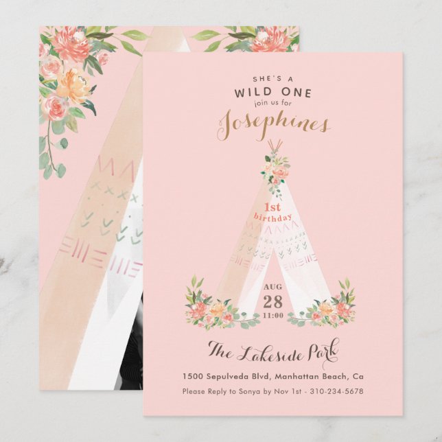 Invitation Aquarelle Florale Boho Tribal Teepee Wild One (Devant / Derrière)