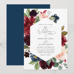 Invitation aquarelle florale bordeaux marine bleu mariage