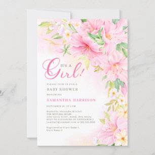 Invitation Aquarelle florale Botanique Blush Baby shower rose