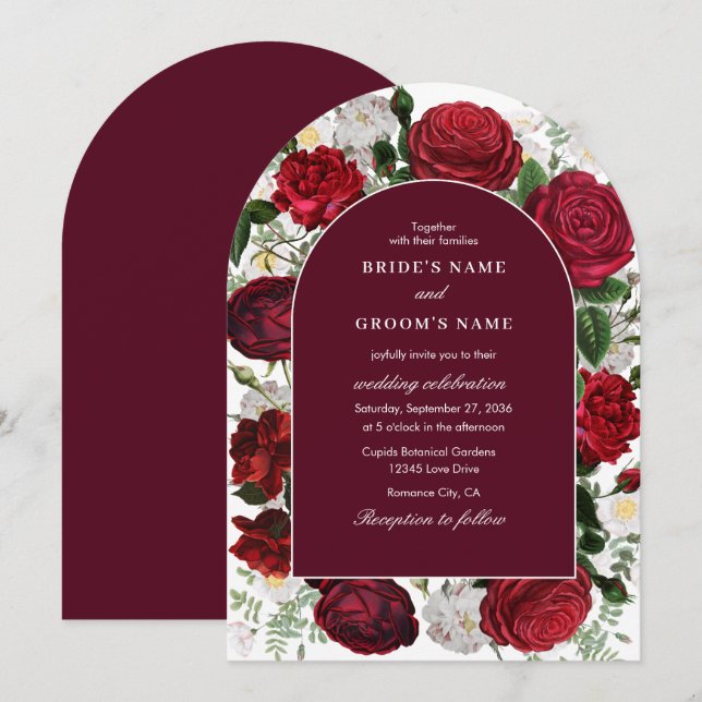 Invitation Aquarelle Florale Bourgogne Elégante Arche de Mari (Devant / Derrière)