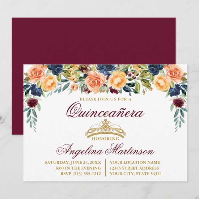 Invitation Aquarelle Florale Bourgogne Gold Quinceanera Party (Devant / Derrière)