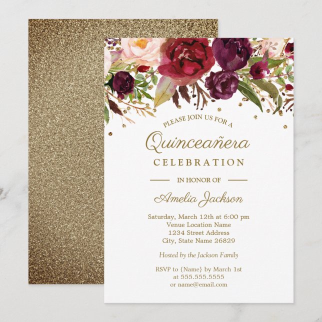 Invitation Aquarelle Florale Bourgogne or Quinceanera Invitat (Devant / Derrière)