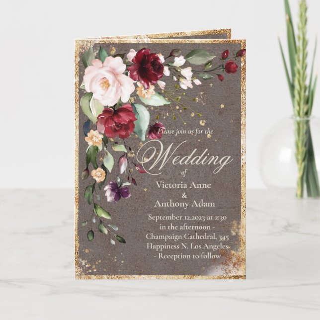 Invitation Aquarelle Florale Bourgogne rousse Mariage rustiqu (Devant)