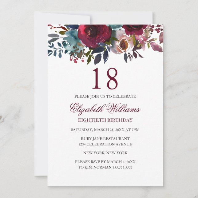 Invitation Aquarelle florale bourguignonne 18e anniversaire I (Devant)