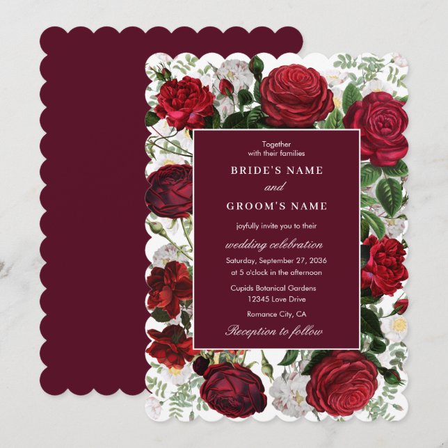 Invitation Aquarelle florale bourguignonne moderne Mariage él (Devant / Derrière)