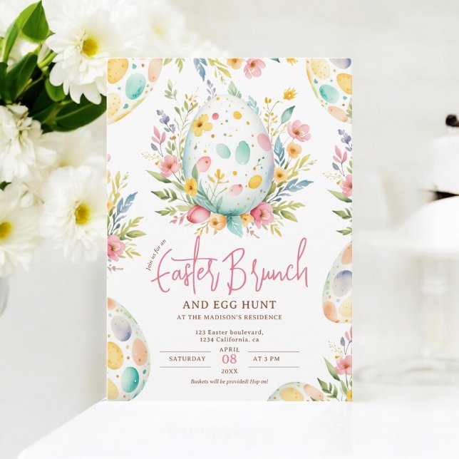 Invitation Aquarelle florale Brunch de Pâques et chasse aux o (Floral Watercolor Easter Brunch and Egg Hunt Invitation)