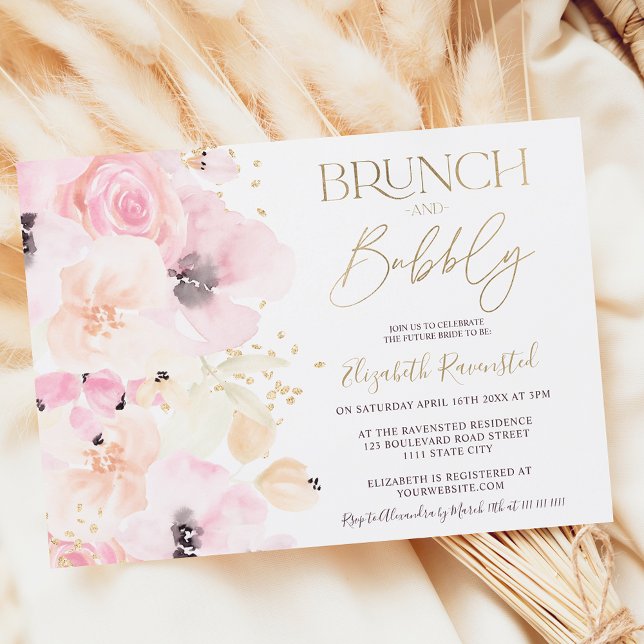 Invitation Aquarelle florale brunch doré bulle douche nuptial (Créateur téléchargé)