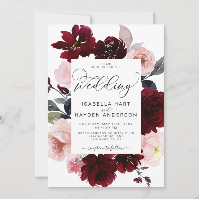 Invitation Aquarelle Florale Burgundy Blush Le Mariage (Devant)