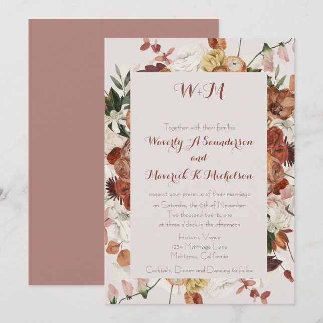 Invitation Aquarelle Florale Burnt Orange Dusty Rose Élégant (Devant / Derrière)