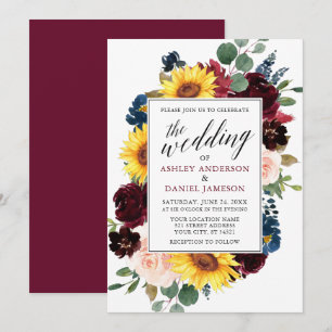 Invitation Aquarelle Florale Calligraphie Bourgogne Mariage