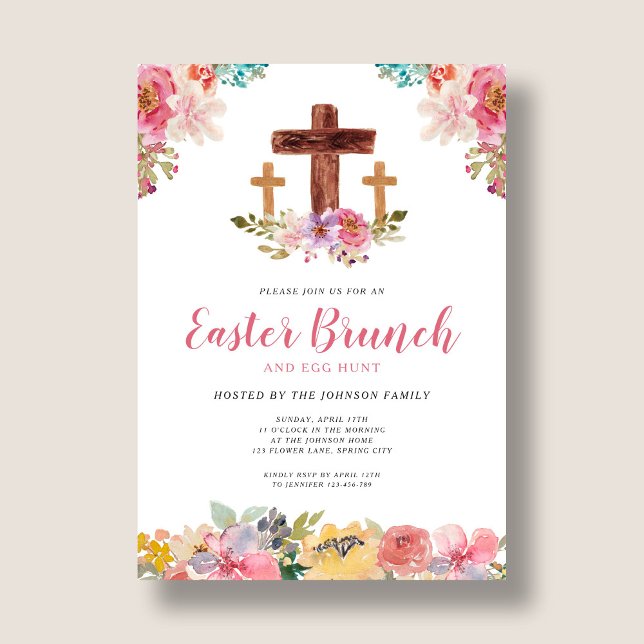 Invitation Aquarelle florale Chasse aux oeufs de Brunch de Pâ (Floral Watercolor Religious Easter Brunch Egg Hunt Invitation)