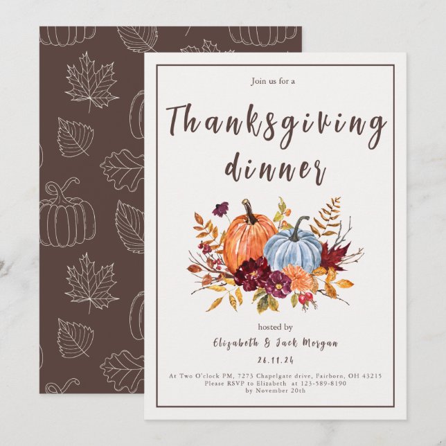 Invitation Aquarelle Florale Citrouille Thanksgiving Dîner (Devant / Derrière)