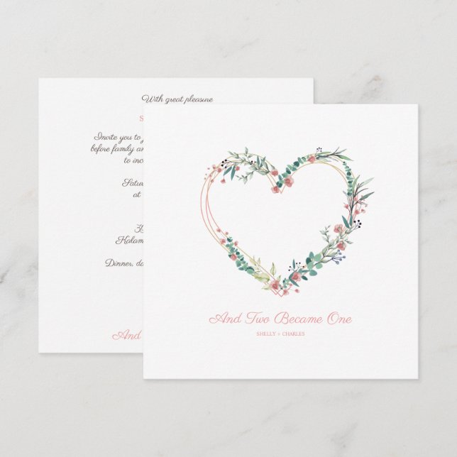 Invitation Aquarelle florale Coeur avec Feuilles en rose (Devant / Derrière)