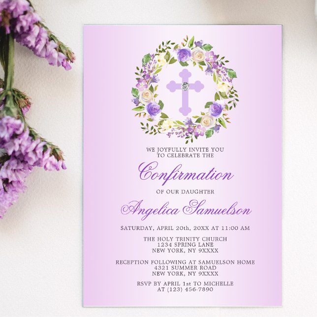 Invitation Aquarelle Florale CONFIRMATION Lavande violette (Créateur téléchargé)