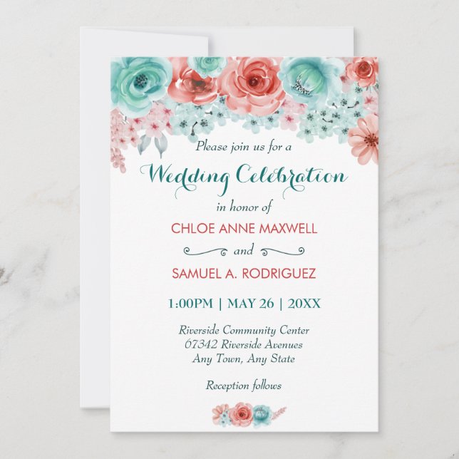Invitation Aquarelle florale Coral rose Aqua Mariage élégant (Devant)