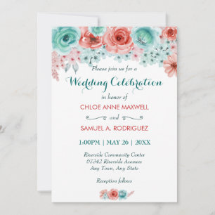 Invitation Aquarelle florale Coral rose Aqua Mariage élégant