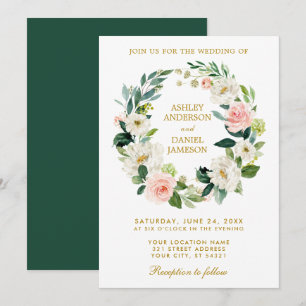 Invitation Aquarelle Florale couronne rose blanc or Mariage G