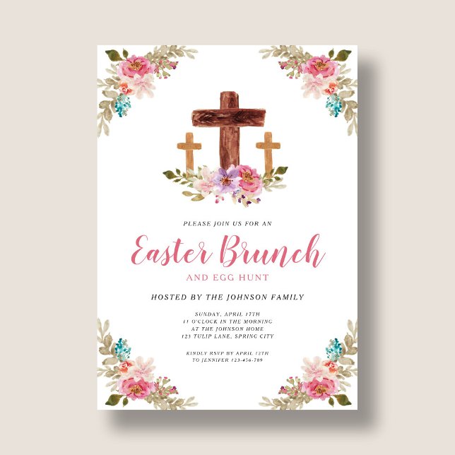 Invitation Aquarelle florale Croix religieuse Brunch de Pâque (Floral Watercolor Religious Cross Easter Brunch In Invitation)