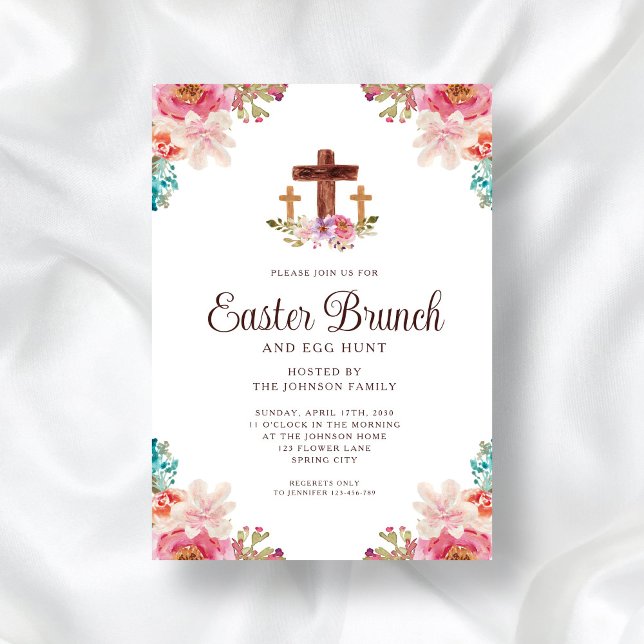 Invitation Aquarelle florale Croix religieuse Brunch de Pâque (Floral Watercolor Religious Cross Easter Brunch Invitation)