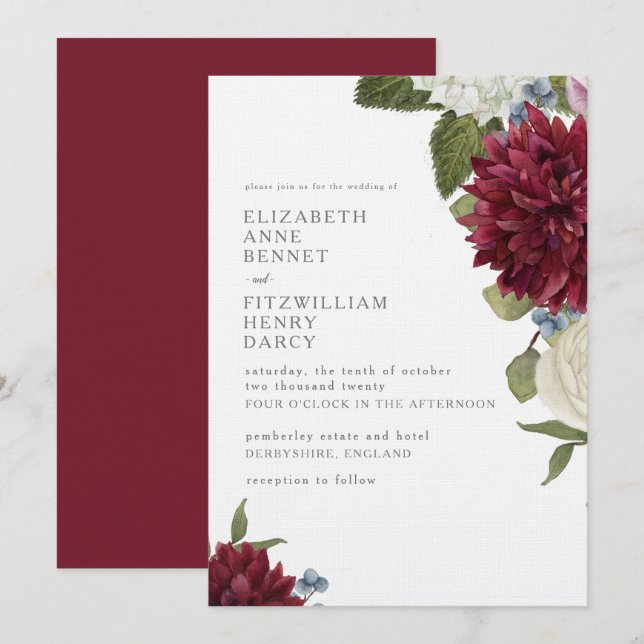 Invitation Aquarelle florale Dahlia Hydrangea Mariage (Devant / Derrière)
