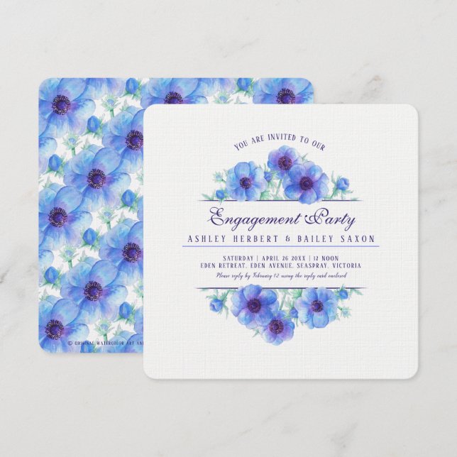 Invitation Aquarelle florale d'anémone bleu fiançailles (Devant / Derrière)