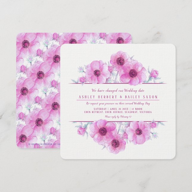 Invitation Aquarelle florale d'anémone rose mariage nouvelle  (Devant / Derrière)
