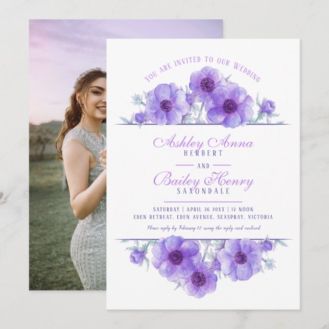 Invitation Aquarelle florale d'anémone violet photo mariage (Devant / Derrière)