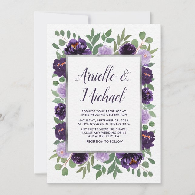 Invitation Aquarelle florale d'argent pourpre Mariage d'eucal (Devant)