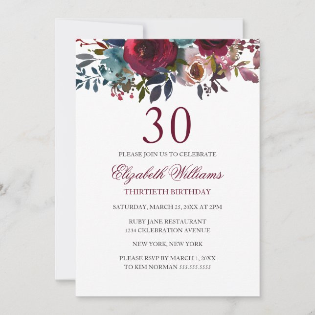 Invitation Aquarelle florale de Bourgogne 30e anniversaire In (Devant)