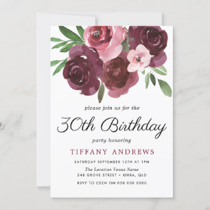 Invitation Aquarelle florale de Bourgogne 30e anniversaire In
