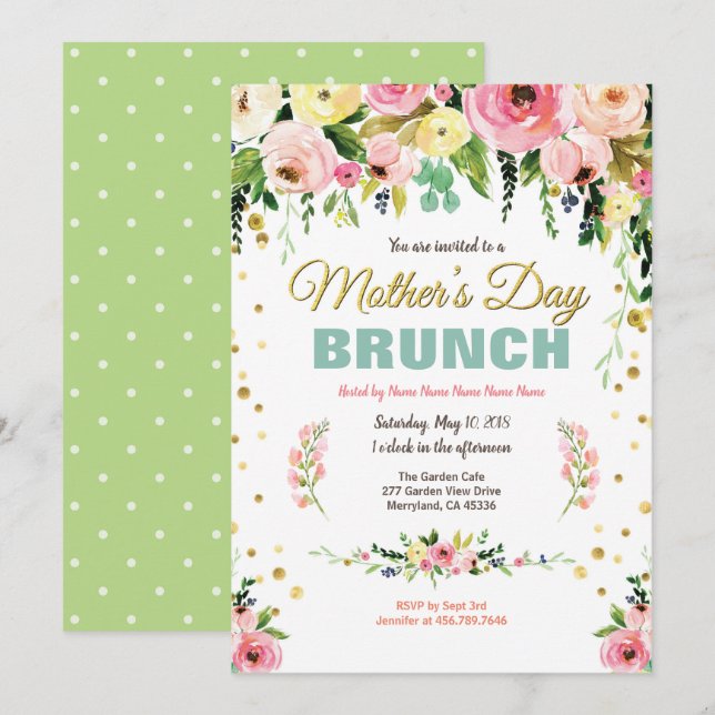 Invitation Aquarelle florale de brunch de thé de jour de (Devant / Derrière)