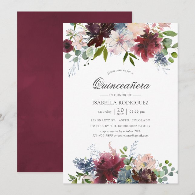 Invitation Aquarelle florale de la Bourgogne et de la marine  (Devant / Derrière)