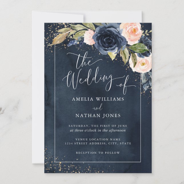 Invitation Aquarelle florale de la Marine d'or Le Mariage du  (Devant)