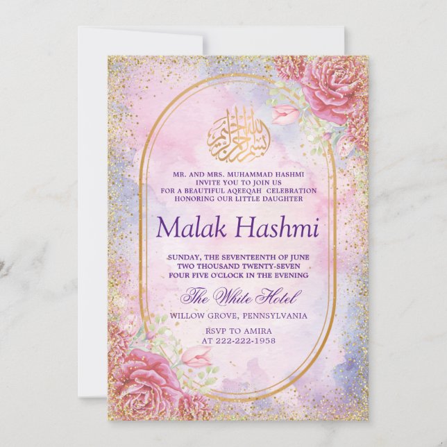 Invitation Aquarelle Florale de luxe Gliter Aqeeqah islamique (Devant)