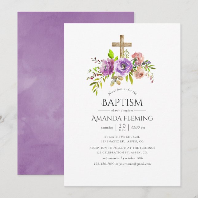 Invitation Aquarelle florale de printemps Baptême ou baptême (Devant / Derrière)