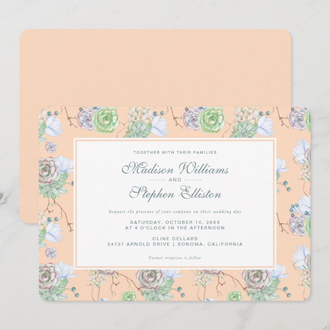 Invitation Aquarelle florale des succulents de pêche - Mariag (Devant / Derrière)