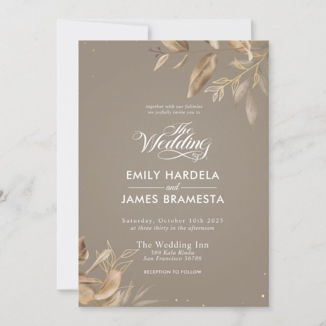 Invitation Aquarelle Florale d'or Mariage budget (Devant)
