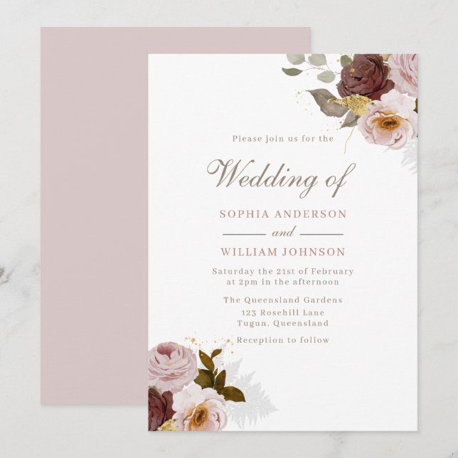 Invitation Aquarelle florale Dusty Rose Mariage de automne d' (Devant / Derrière)