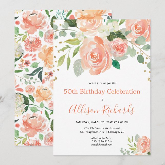 Invitation Aquarelle florale élégante fête d'anniversaire adu (Devant / Derrière)