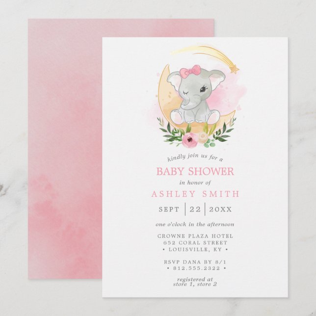 Invitation Aquarelle florale Eléphant Lune Baby shower fille (Devant / Derrière)