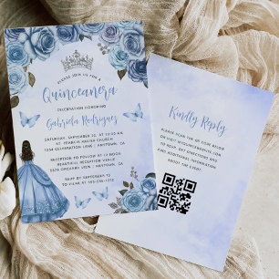 Invitation Aquarelle florale en argent bleu QR Code Quinceañe