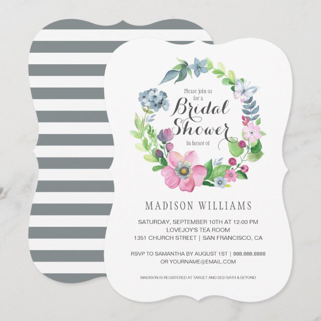 Invitation Aquarelle florale et Fête de la mariée du papillon (Devant / Derrière)