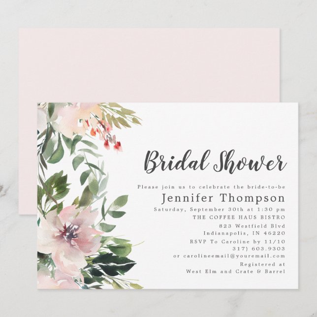 Invitation Aquarelle florale et Fête des mariées verte (Devant / Derrière)