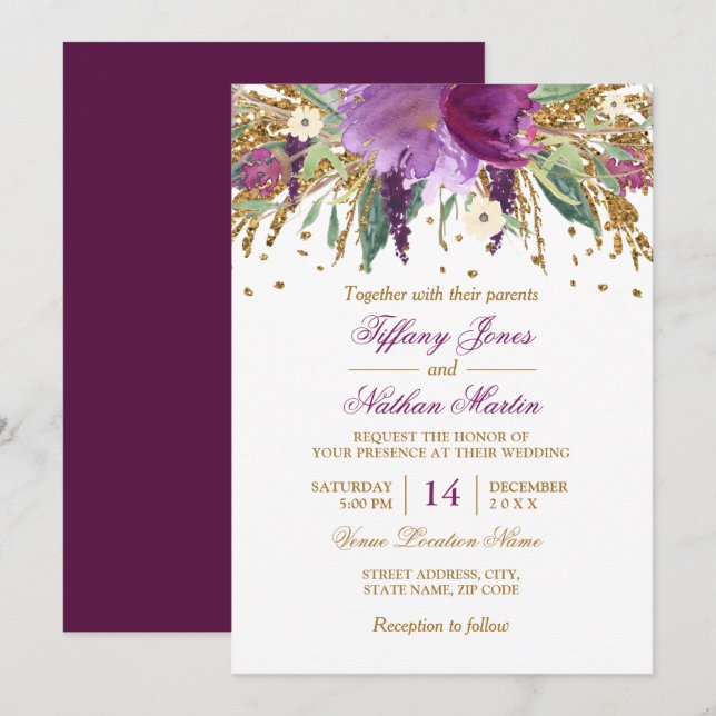 Invitation Aquarelle Florale Étincelle Mariage d'Améthyste (Devant / Derrière)