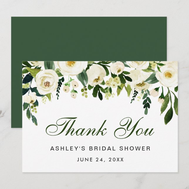 Invitation Aquarelle Florale Fête des mariées verte Merci G (Devant / Derrière)