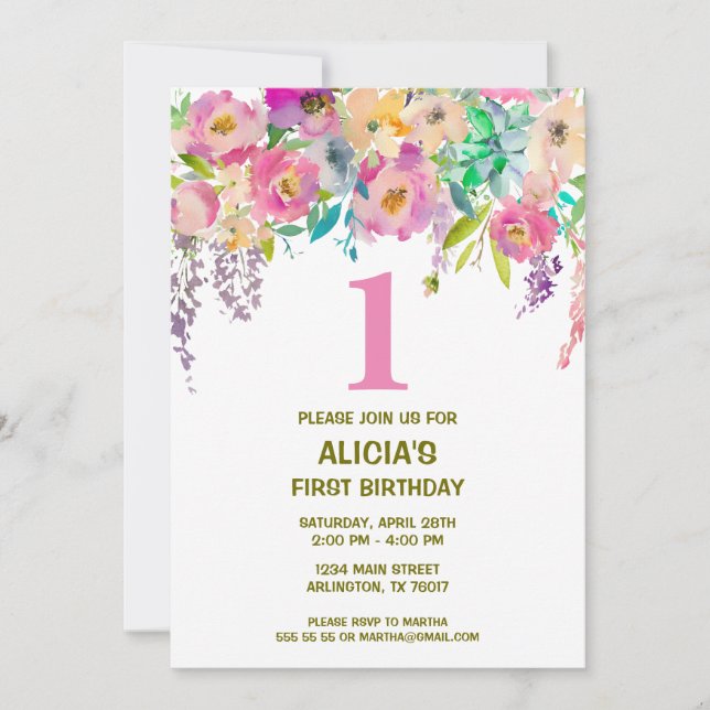 Invitation Aquarelle florale filles 1er anniversaire invitati (Devant)