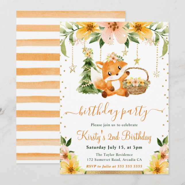 Invitation Aquarelle Florale Forêt Renard Fête d'anniversaire (Devant / Derrière)