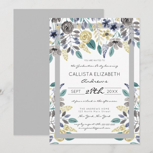 Invitation Aquarelle florale gris moderne graduée (Devant / Derrière)
